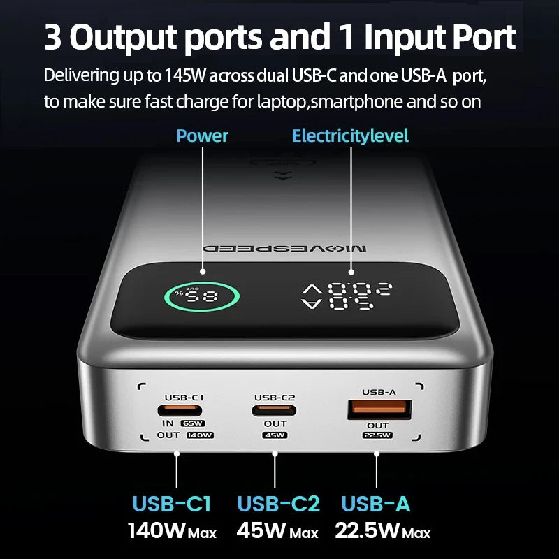 MOVESPEED M25Pro 140W Power Bank 25000mAh Type C Fast Charge Portable External Battery 100W PowerBank for iPhone MacBook Laptop