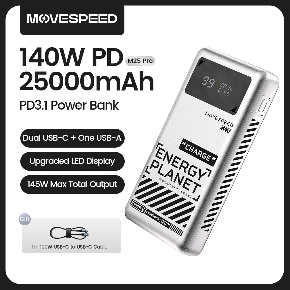 MOVESPEED M25Pro 140W Power Bank 25000mAh Type C Fast Charge Portable External Battery 100W PowerBank for iPhone MacBook Laptop