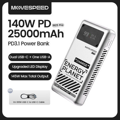 MOVESPEED M25Pro 140W Power Bank 25000mAh Type C Fast Charge Portable External Battery 100W PowerBank for iPhone MacBook Laptop